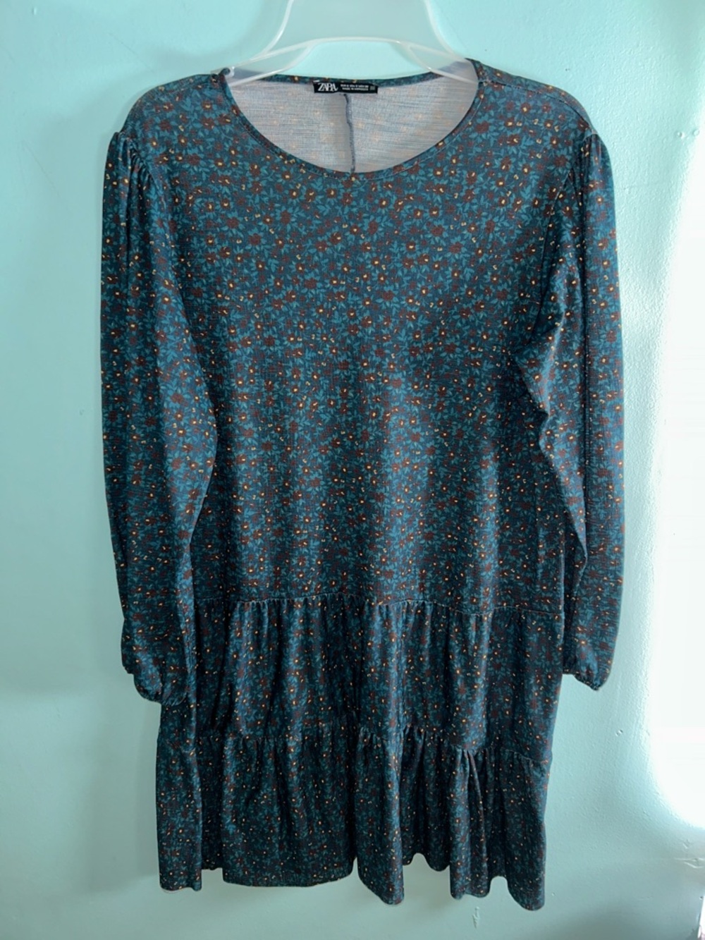 ZARA Teal Floral Tiered Mini Dress with Rust Accents